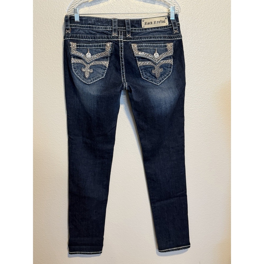Rock Revival Jeans Women 30 JEN S402 Skinny Dark Wash Embellished Fleur Pockets
